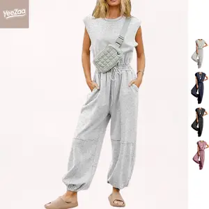 YeeZaa One Piece Jumpsuit Romper for Women Casual Crewneck Cap Sleeve Oversized Backless Jumpsuits Adjustable Drawstring Waist Wide Leg Pants Cinched Ankle Hem Cotton Blend Jumpsuit with Two Side Pockets Loungewear