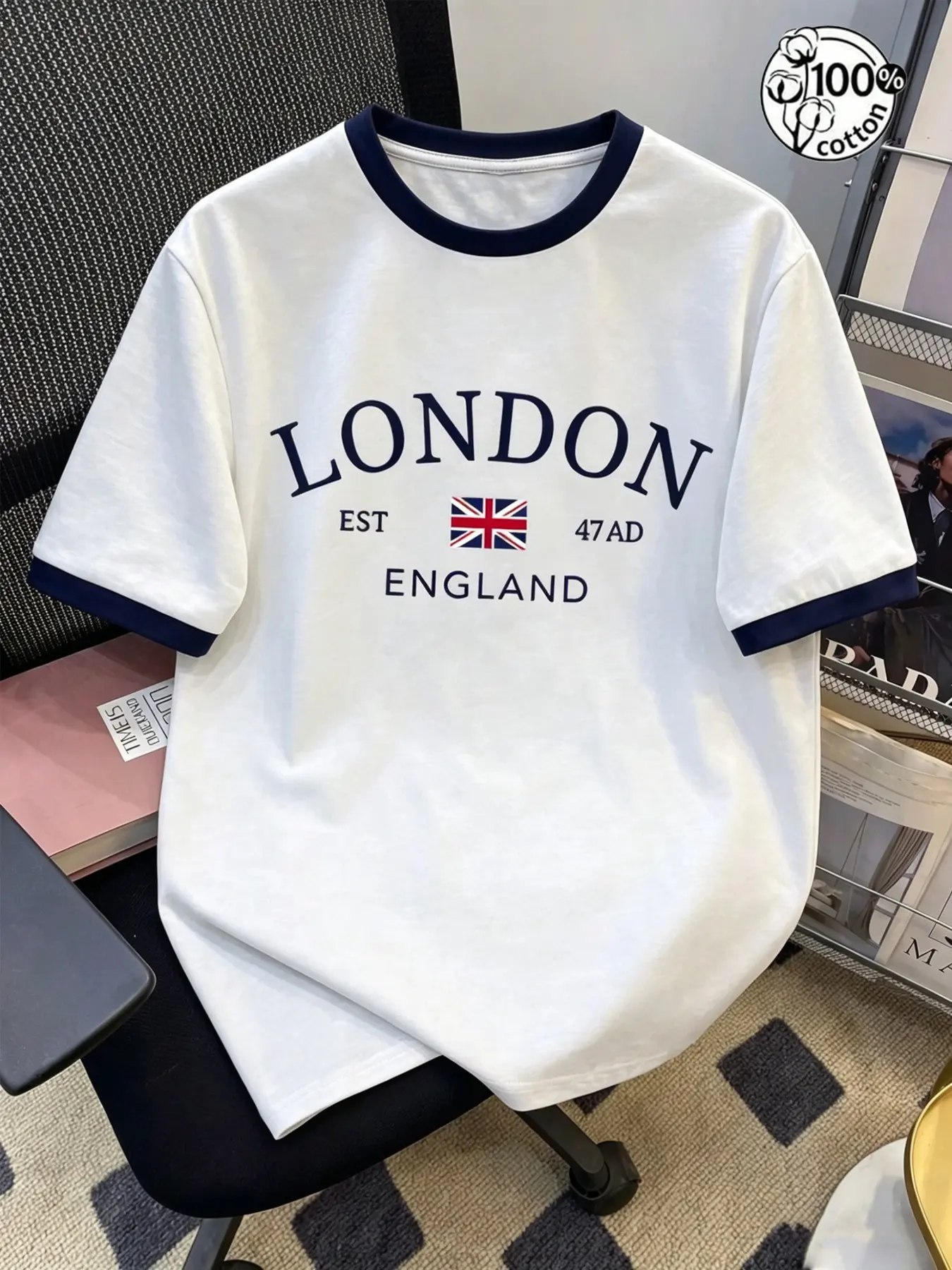 Unisex 100% Cotton London Print Ringer Man T-Shirt Streetwear | Vintage Preppy Classic Clean Casual Top, Menswear