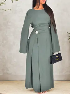 Muslim Women Modest Style Plain Simple Dress with Long Sleeve Coverage, Back Tie, Waist Cinching, Decorative Buttons, Perfect for Friend Gatherings & Casual Occasions, Muslim Dresses