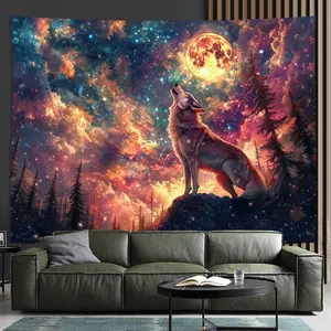 Howling wolf & moon galaxy tapestry with cosmic starry night sky design.Vibrant polyester wall hanging for living room, bedroom, office, or party decor.Unique creative gift idea and party backdrop.