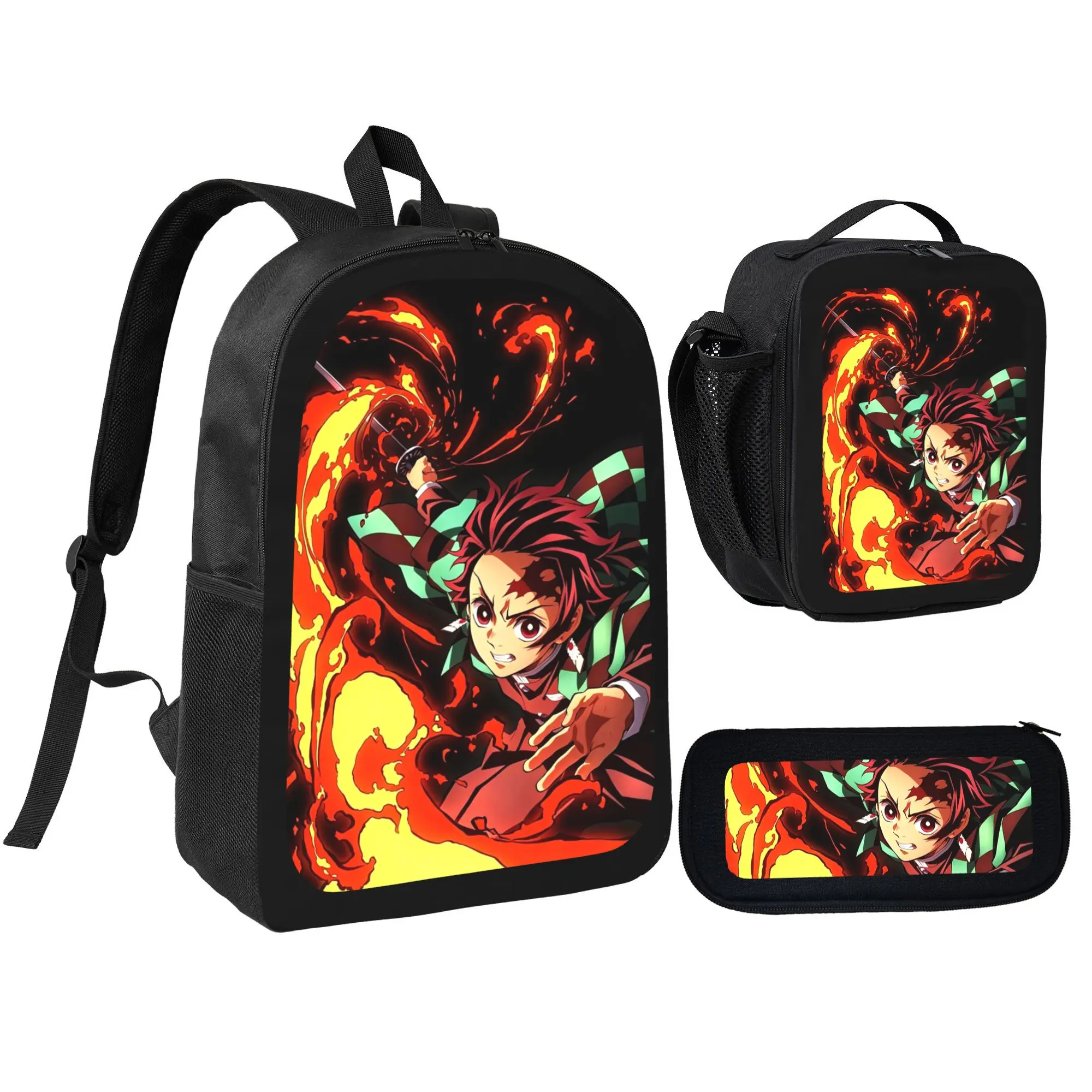 3 in 1 Demon Slayer Anime School Backpack Set, Durable Oxford Bookbag with Insulated Lunch Box Bag and Matching Pencil Pouch, Ergonomic Lightweight Daypack for Kids Teens Boys Girls School Supplies