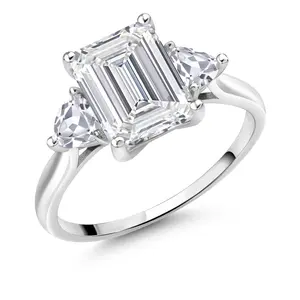 2-4 Cttw 10K White Gold Gemstone Birthstone and Lab Grown Diamond 3-Stone Engagement Ring for Women | Emerald Cut 9X7MM | Trillion 4MM | Fine Jewelry for Wedding Anniversary | Size 5-9