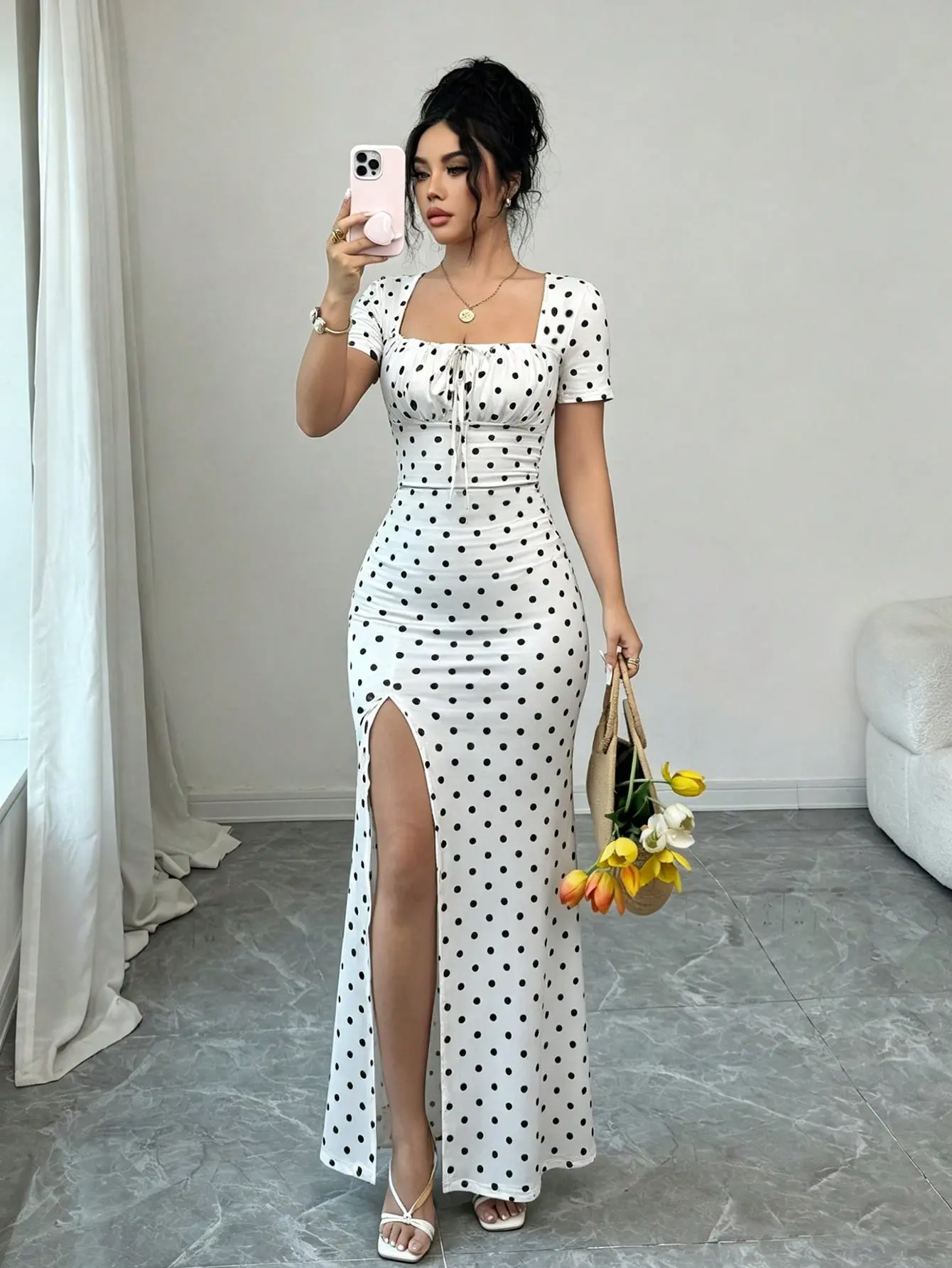 Women's Summer Short Sleeve Dress, Digital Printed Vacation Dress, Beach Holiday Dress With Slit Hem, Waist Ruched Long Dress