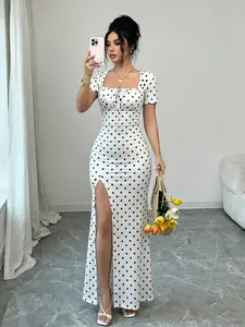 Women's Summer Short Sleeve Dress, Digital Printed Vacation Dress, Beach Holiday Dress With Slit Hem, Waist Ruched Long Dress