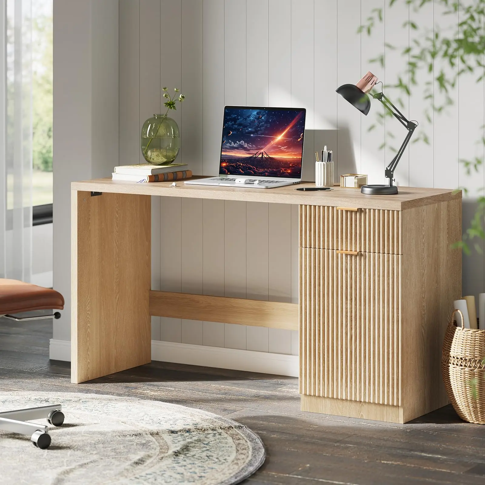 60" Executive Desk with Storage, Modern Home Office Desk with Drawer & Cabinet, Wood Fluted Computer Desks Workstation Writing Conference Table