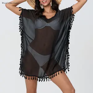 Women's sheer fringed cover-up - loose batwing sleeve beach dress, summer swimwear cover-up (one size fits all, multiple colors available)
