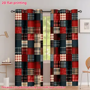 2D Flat 2Pcs Plaid Patchwork Curtains, Pattern Window Drapes, Rod Pocket/Grommet Top for Living Room Bedroom, Rustic Farmhouse Style Decor, Home, Anti-Privacy, Accessory