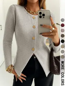 Women's Elegant Ribbed Knit Button-Front Long Sleeve Top, Casual Elegant Fitted Design in Medium-Weight Fabric for All-Season Wear