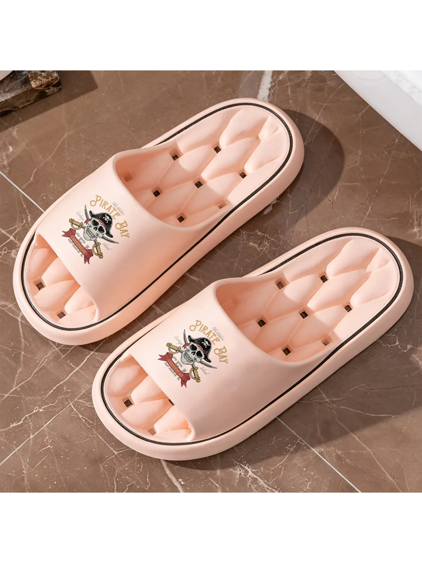 Vintage Caribbean Pirate Bay Skull Print Slippers, Unisex Summer Outdoor Flip Flops, Non-slip Soft Sole Slides With Vacation Style, Perfect For Beach Seaside Vacation Daily Casual Wear, Trendy Pira