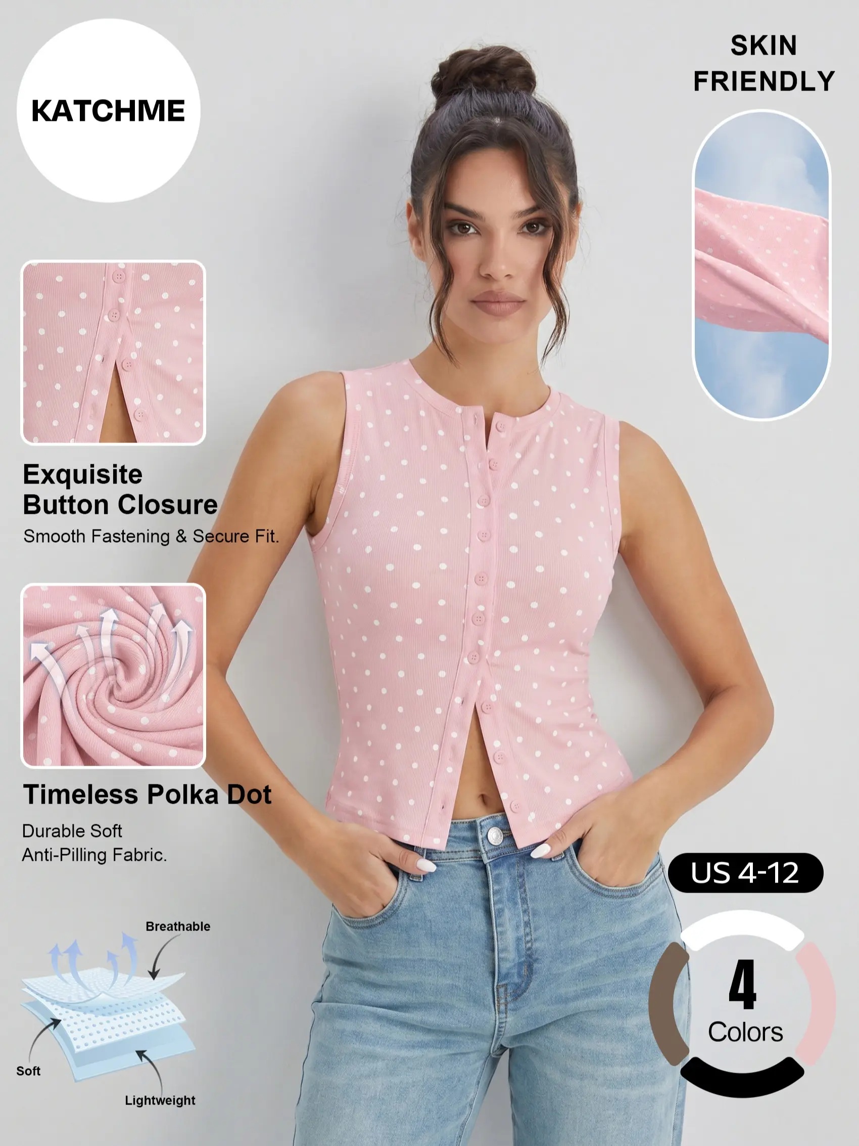 Katch Me Chic Women's Leisure Polka Dot Button-Up Sleeveless Flattering Top, Lightweight Stretch Pill-Resistant Soft Tank Top for Summer, Skin-Friendly Breathable Daily Outfit #TikTokMadeMeBuyIt #SummerEssentials #CasualTop