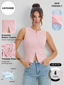 Katch Me Chic Women's Leisure Polka Dot Button-Up Sleeveless Flattering Top, Lightweight Stretch Pill-Resistant Soft Tank Top for Summer, Skin-Friendly Breathable Daily Outfit