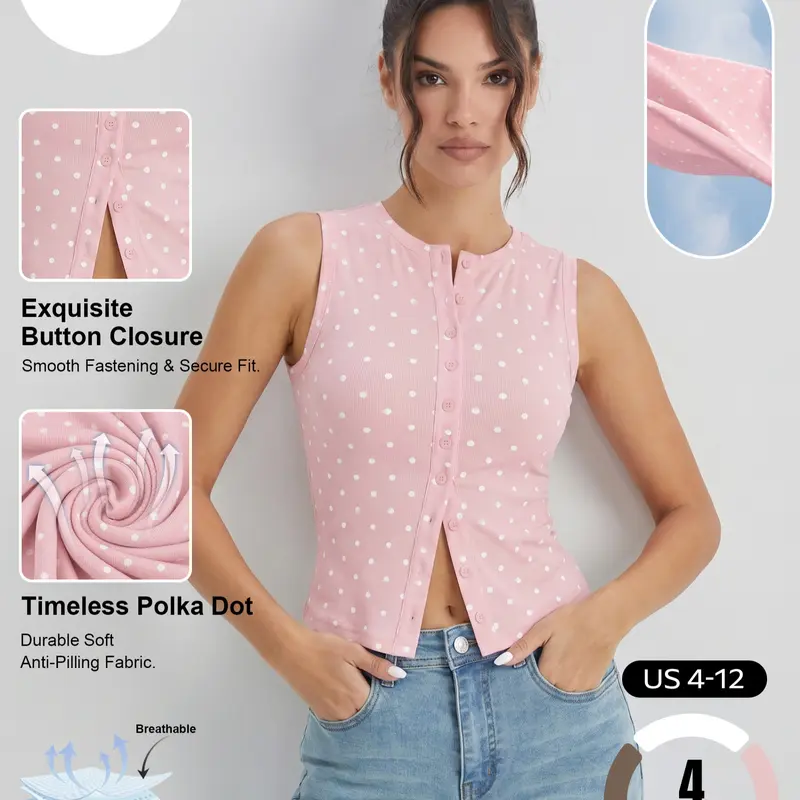 Katch Me Chic Women's Leisure Polka Dot Button-Up Sleeveless Flattering Top, Lightweight Stretch Pill-Resistant Soft Tank Top for Summer, Skin-Friendly Breathable Daily Outfit #TikTokMadeMeBuyIt #SummerEssentials #CasualTop
