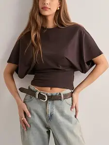 2026 Women's Solid Color Crop Tee, Casual Half Sleeve Round Neck T-Shirt Top for Summer, Ladies Clothes for Daily Wear, Holiday Haul
