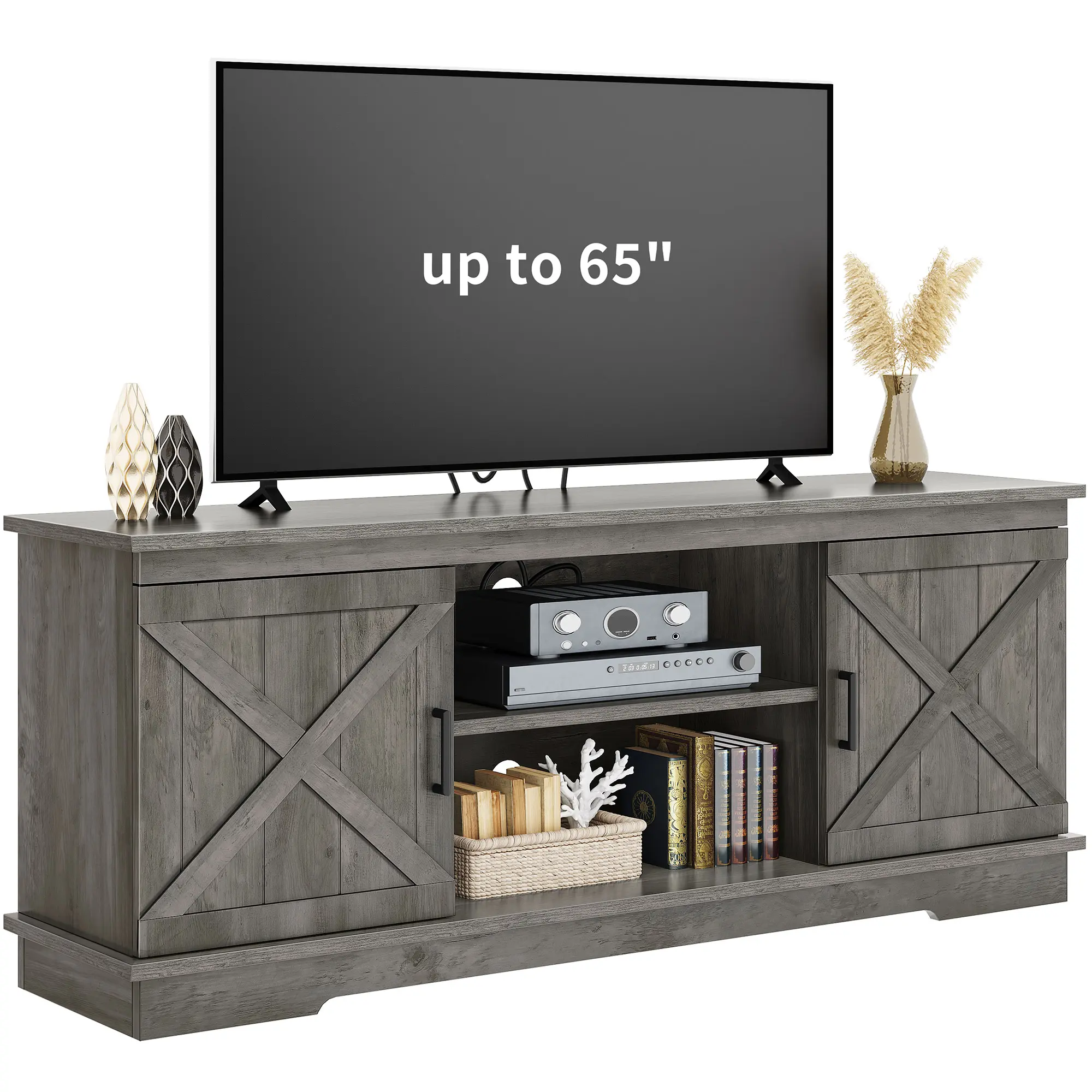 YITAHOME Farmhouse TV Stand for TVs up to 65 Inch, Rustic Entertainment Center with Double Barn Doors and Storage Cabinets, Media Console Table TV Cabinet for Living Room, 59 Inch, Rustic Grey