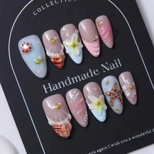 10pcs Handmade Nails Almond Nails Acrylic Press On Nails Medium Pink Nails,3D Carved Flower Shell Starfish Mermaid French Tip Nail Gems Pearl, Summer Nails DIY False Nail Art Party Daily Dating Beach Getaway Vacation Outfits Women Girls Gift Nail Supplies