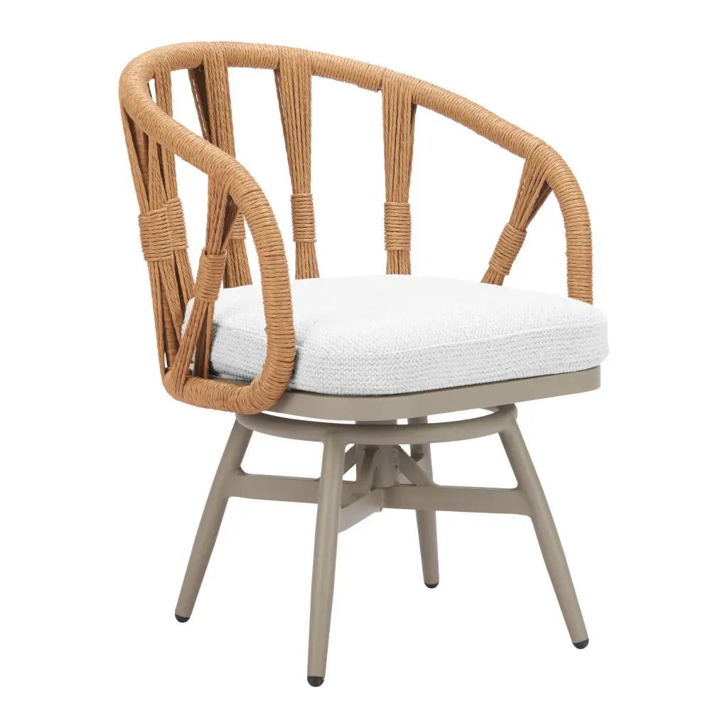 HomeRoots 667728 Modern Chic Slipcovered Upholstered Fabric & Aluminum Open-Back Dining Arm Chair - White & Gray, Modern Dining Chairs, Chic Dining Chairs