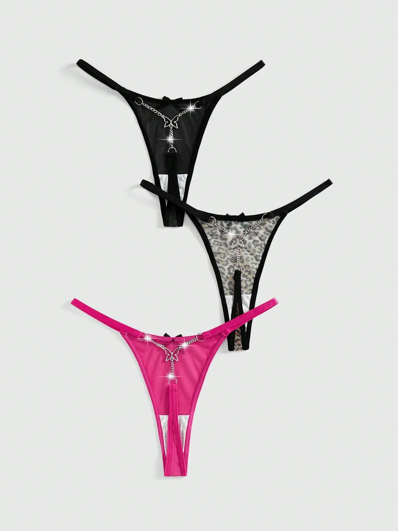 FS Kawaii 3pcs Y2K Gyaru Butterfly Metal Chain Leopard Print Contrast Binding G-String Panties Set