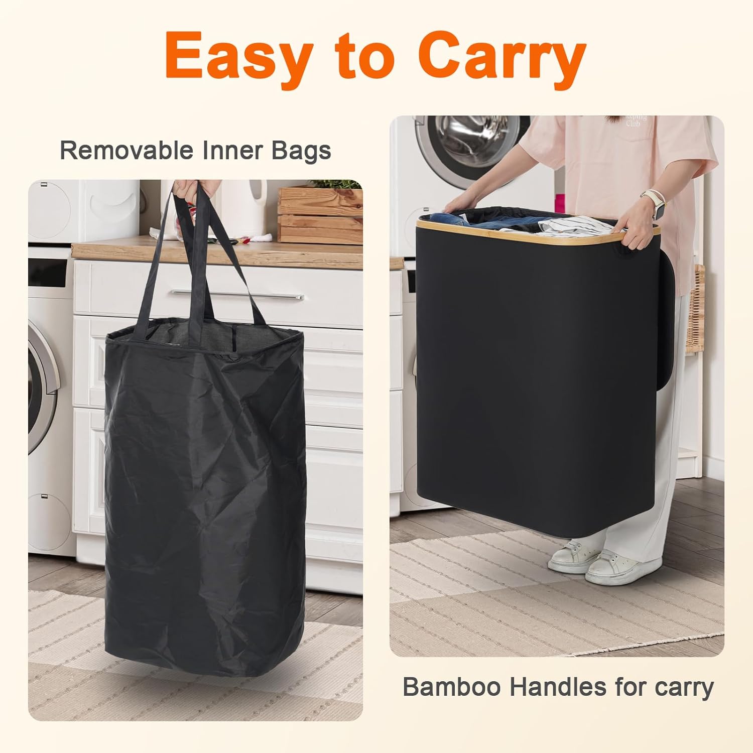 Garprovm Double Laundry Hamper with Lid 150L Large Laundry Basket with Bamboo Handles Foldable Clothes Hampers with 2 Removable Liner Bags for Laundry for Bedroom, Bathroom, Dorm, Laundry Room,Black