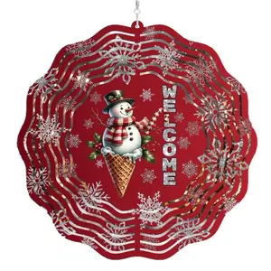Snowman Welcome Ice Cream Christmas Wind Spinner Red Snowflake Design for Festive Outdoor Decor