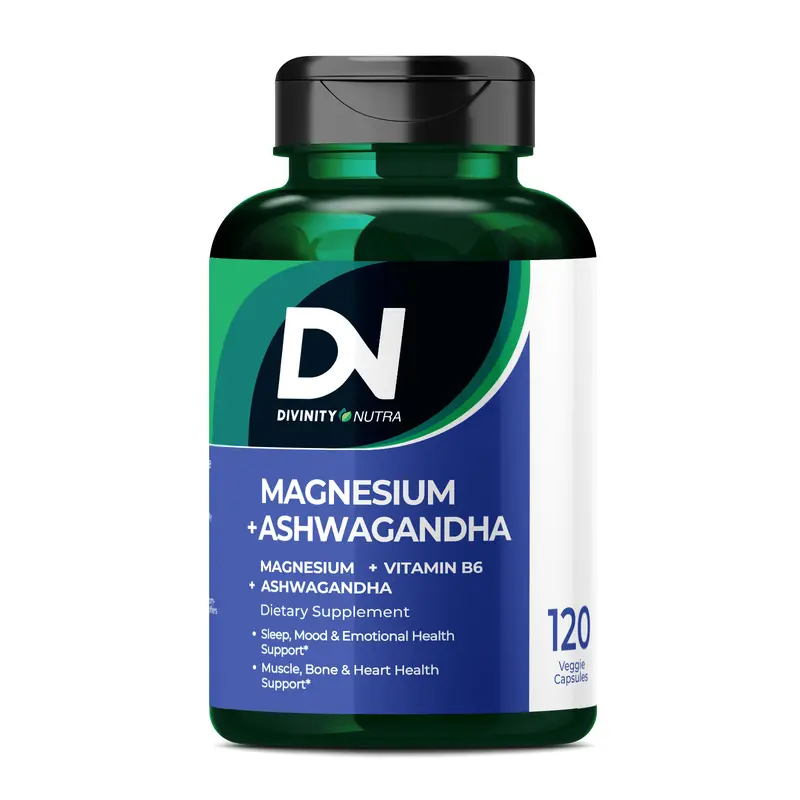 DN Magnesium Ashwagandha Supplements & Vitamin B6, Magnesium Glycinate & Malate, Stress Relief, Sleep & Mood Support, Muscle Recovery, Vegan, 120 Caps, Divinity Nutra