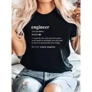 Women's Funny Engineer Print Crew Neck Short Sleeve T-Shirt, Mechanical Engineering Graphic Tee, Casual Summer Tops.