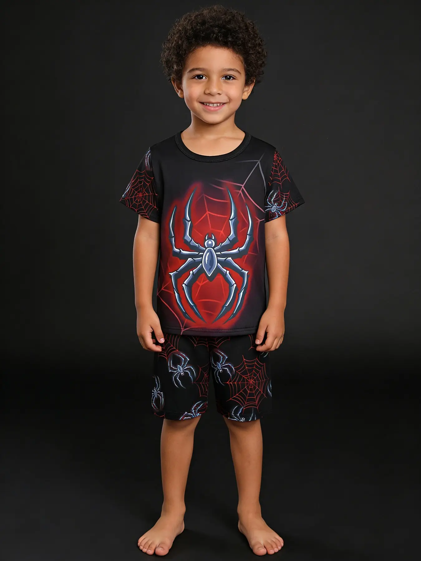 Boys' Cool Spider Print Round Neck Short Sleeve Shorts Pajama Set, Casual Fitted Homewear Sleepwear, 2 Piece Set, Summer Pjs