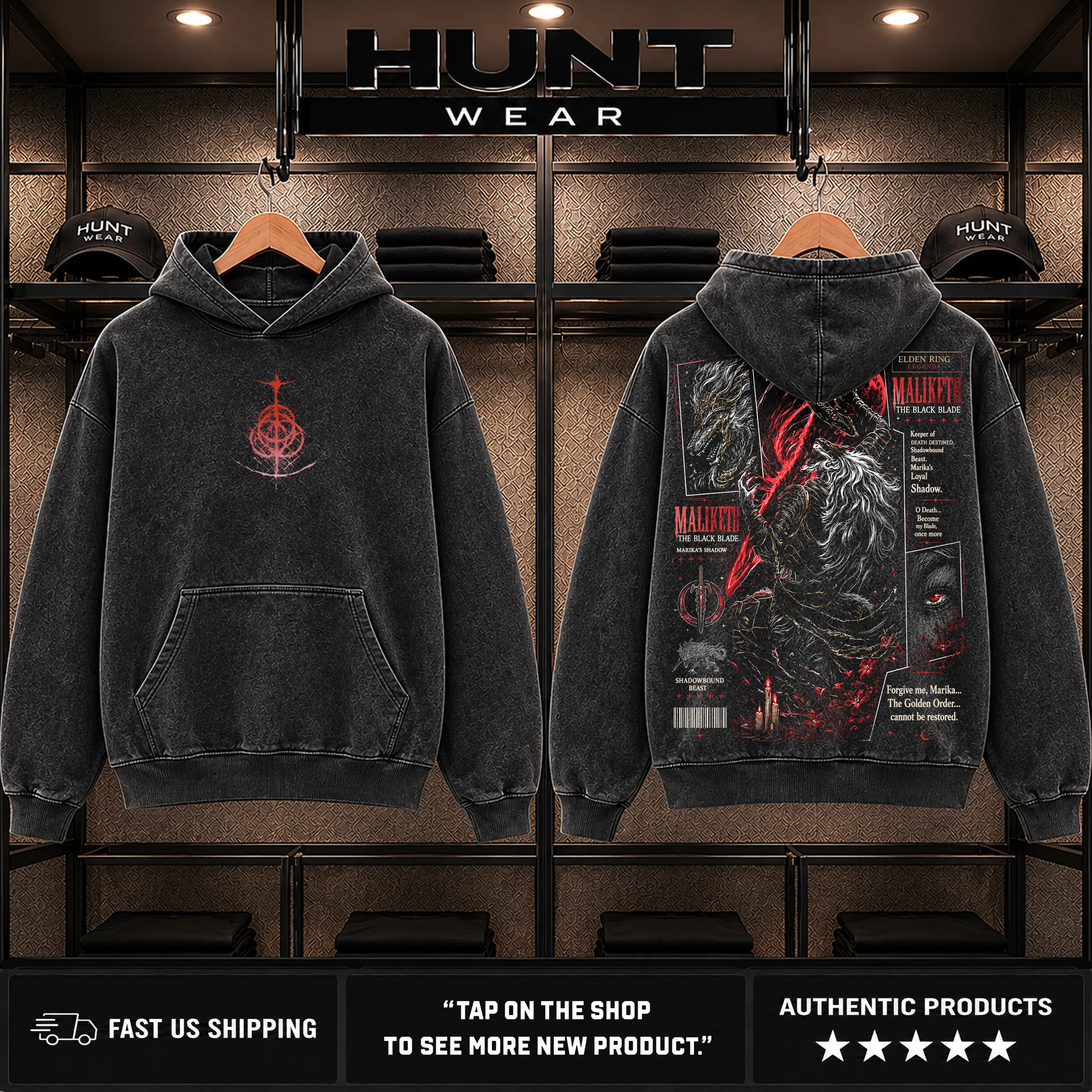 Elden Ring Maliketh Unisex Acid Washed Lightweight Cotton Hoodie T-Shirt, Gift For Game Fan, Streetwear Fabric Fit Top Womenswear Kangaroo Oversized