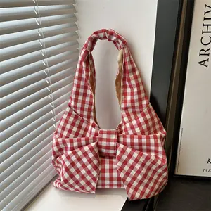 Vintage plaid vest bag, large-capacity shoulder bag, lightweight shopping bag, versatile canvas bag for female students
