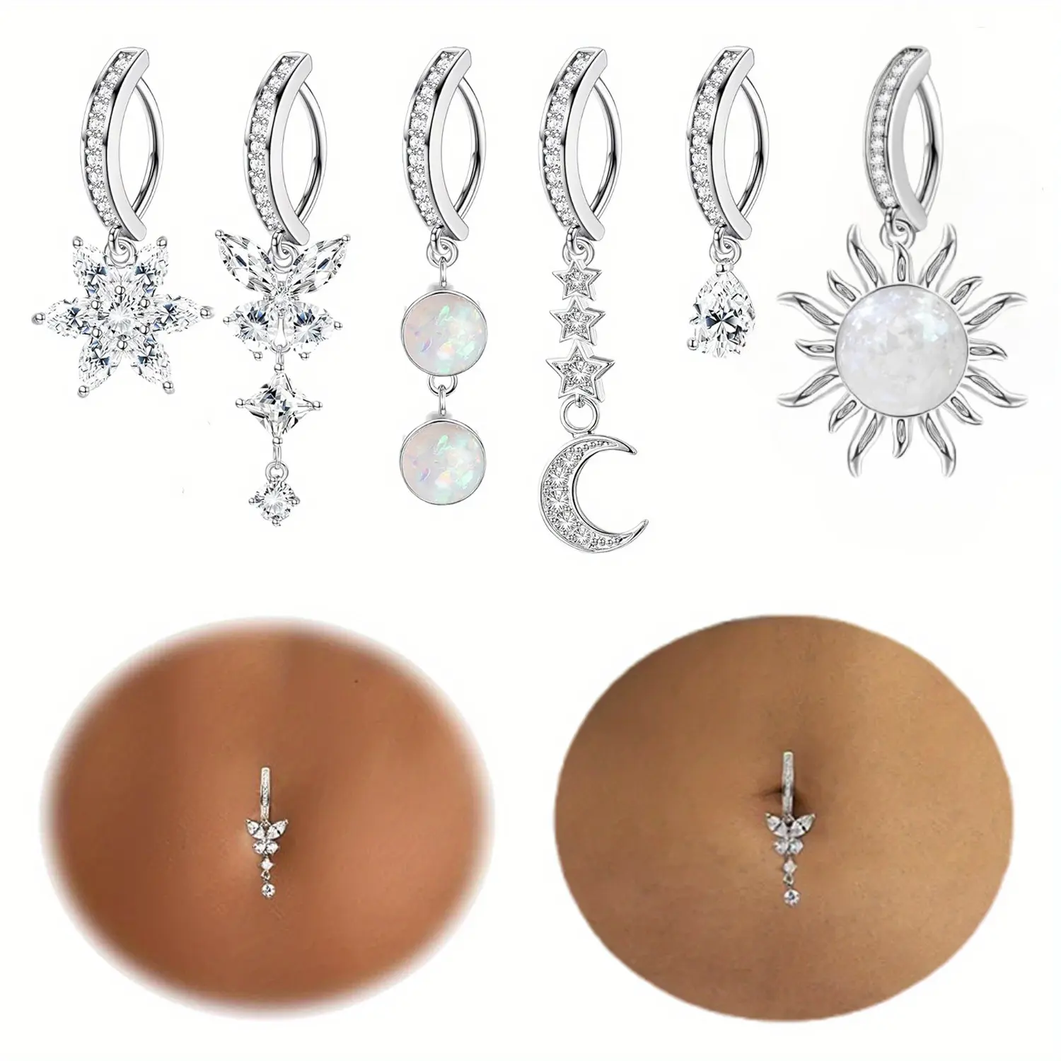 Women's 6-Pack 14G 316L Stainless Steel Belly Button Covers, Chic Body Jewellery with CZ Cubic Zirconia Accents, Belly Button Rings Piercing Accessories