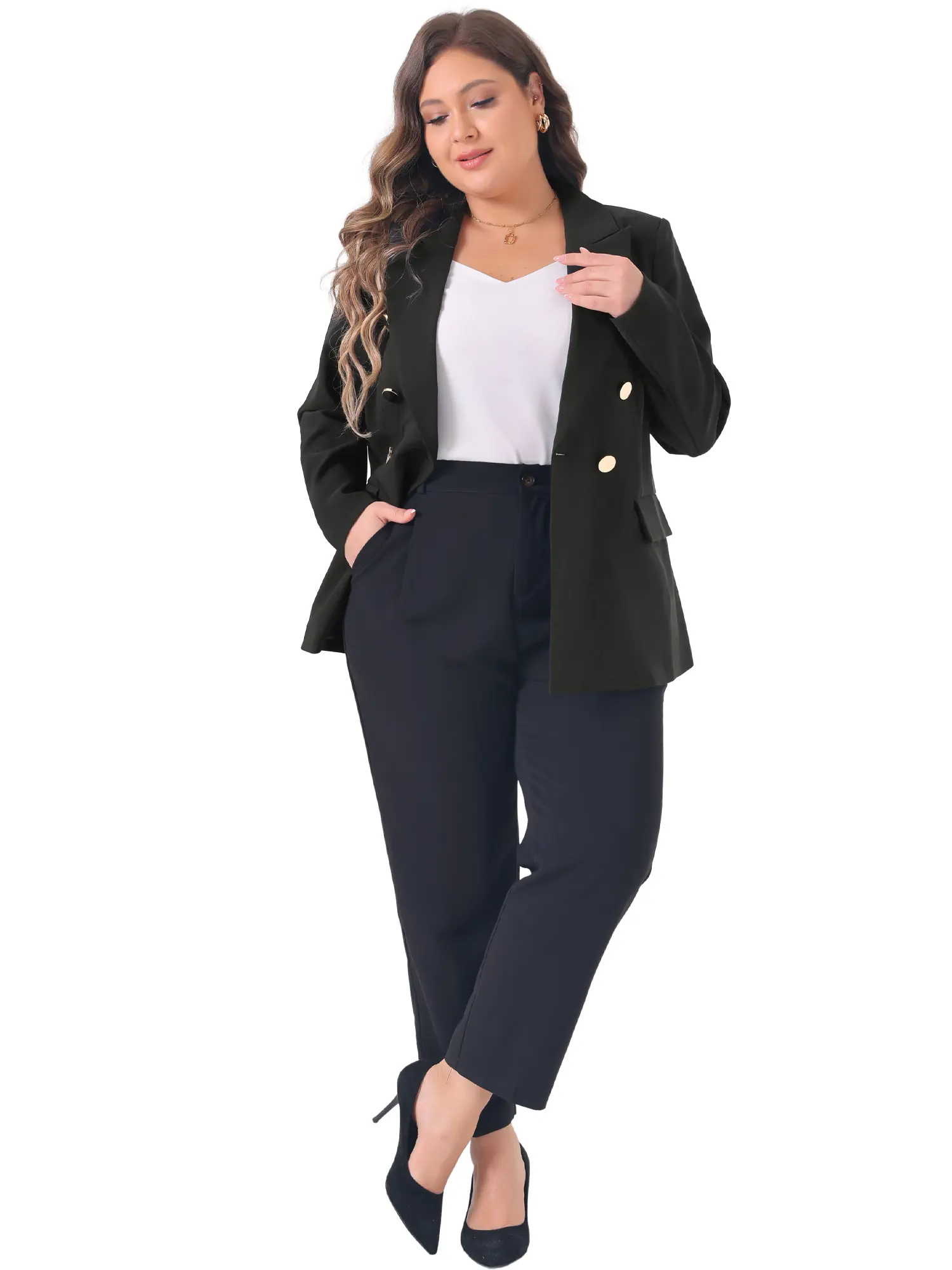 Agnes Orinda Plus Size Blazers for Women Notch Lapel Double Breasted Long Sleeve Office Work Jackets Blazer