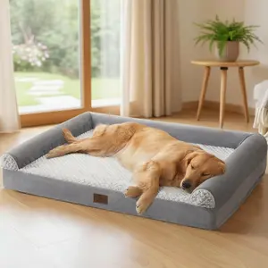 Beds for  Dogs,  Memory  XL Pet Bed with Sides, Non-Slip and Egg-Crate  Big  Couch Bed with Washable Removable Cover, Grey