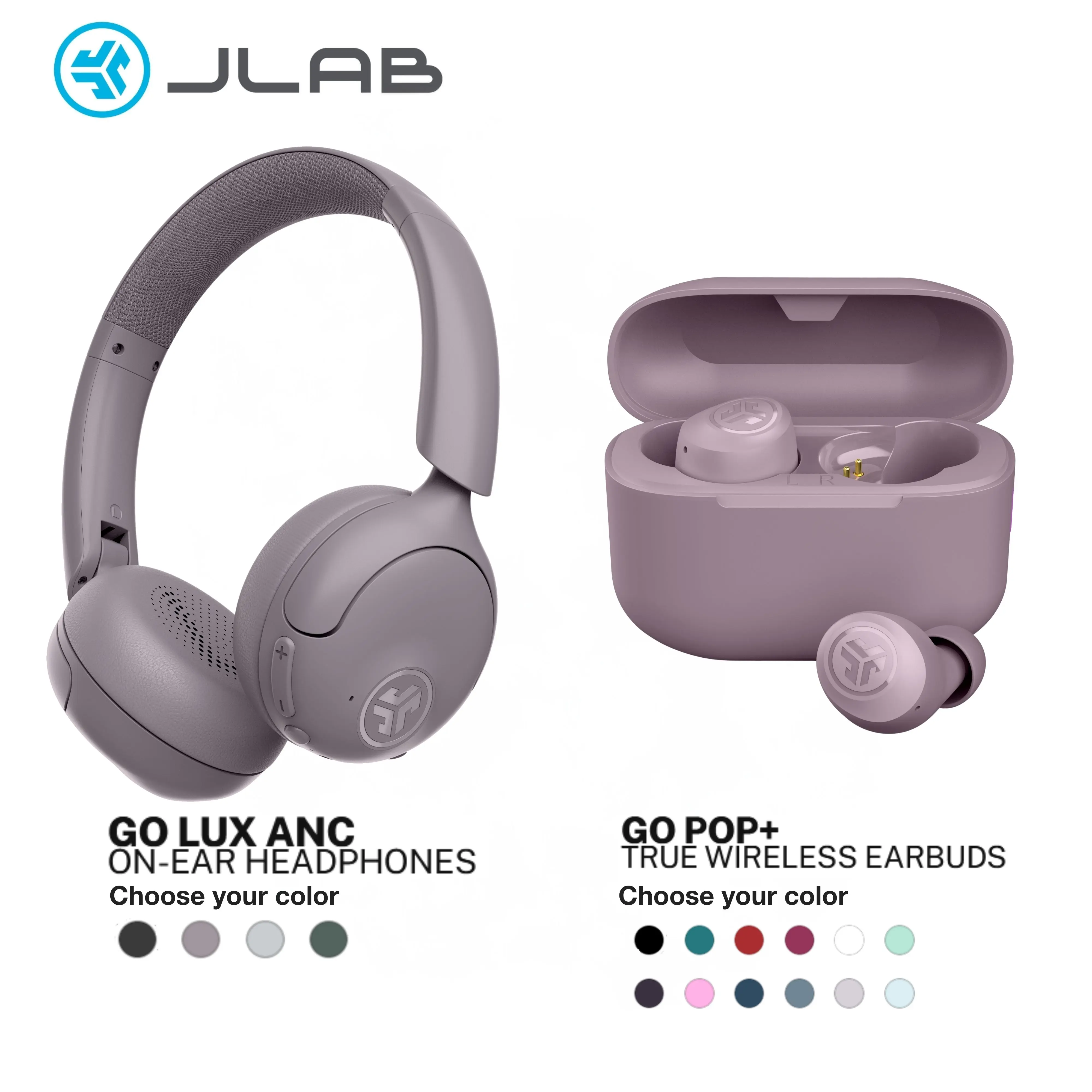 {Your Choice Bundle} JLab Go Lux ANC On-Ear Headphones + Go POP+ True Wireless Earbuds Bundle | Noise Canceling Bluetooth 70Hr + 35Hr Playtime IPX4