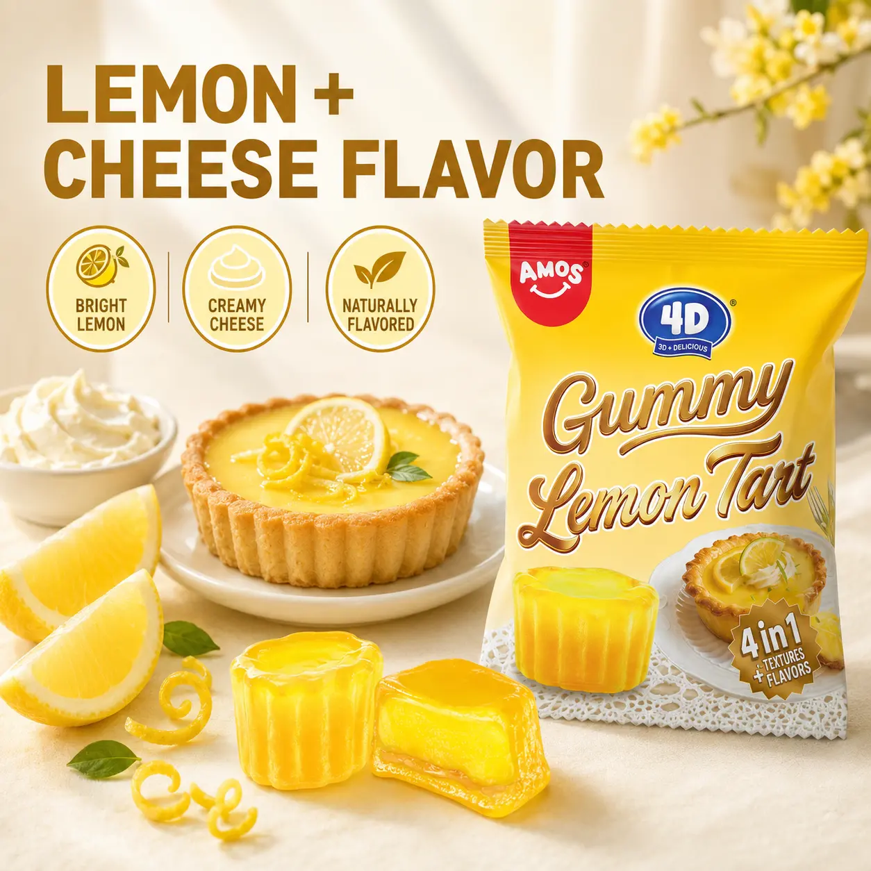 AMOS 4D Gummy Lemon Tart, 8.47 oz (240 g) Display Box | 4-in-1 Candy with 2 Textures & 2 Flavors | Lemon & Cheese, Individually Wrapped Pouches for Sharing