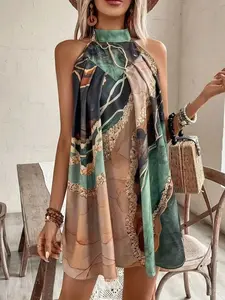 Women's Bohemian Halter A-Line Dress, Sleeveless Round Neck, Full Print Design, Casual Party, Mini Loose-Fitting Dress, Womenswear Boho