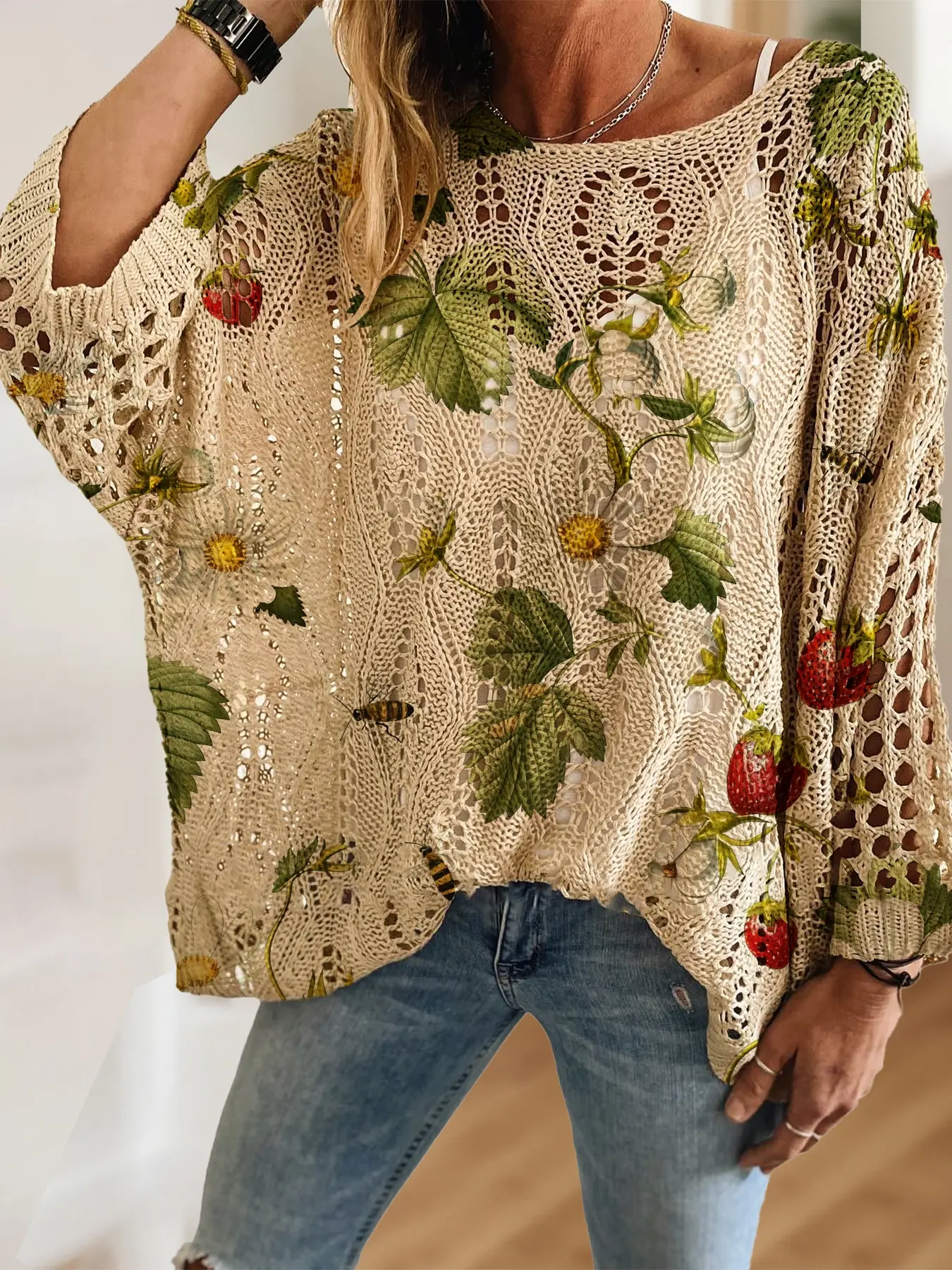 Women's Boho Strawberry Floral Print Knit Top, Casual Elegant Vacation Style, Comfortable Breathable Loose Fit, Spring Summer Fall Fashion