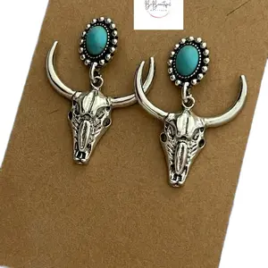 Turquoise Bull Head Earrings Metal Coating western Female Casual