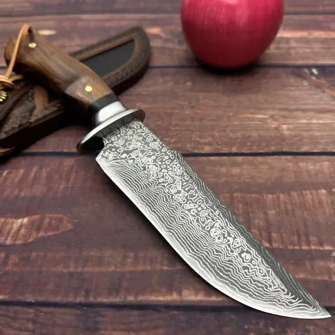 Damascus Steel Cloud-Wave Pat. Integral Fixed Blade Outdoor Knife - Durable Wooden Handle with Brass Rivets, Anti-Slip Surface, Metal Guard, Lanyard Hole, Cowhide Sheath, Easy to Carry for Kitchen & Camping