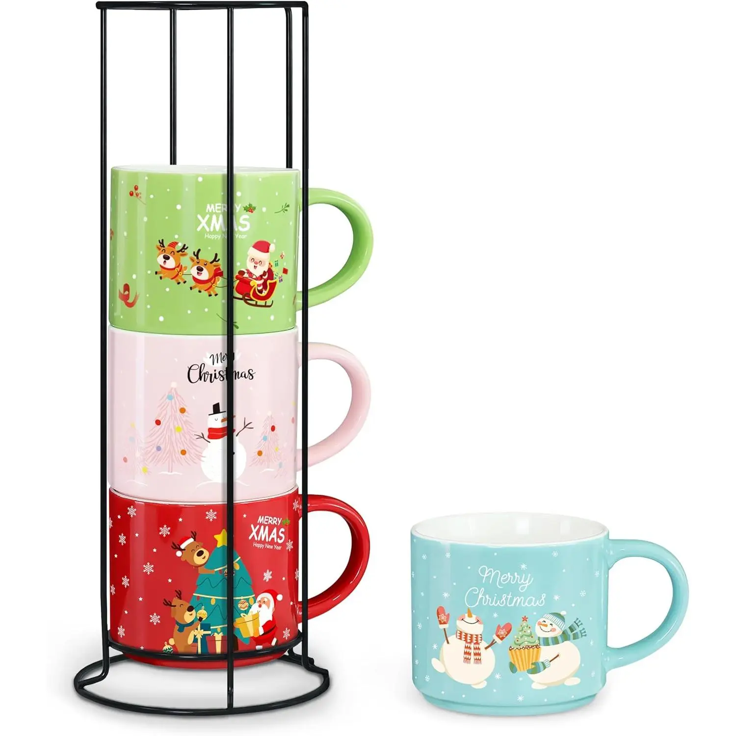 Set of 4 Stackable Christmas Mugs, 15.8 Oz Coffee Mug With Stand, Holiday Hot Cocoa Mugs for Mom Family Colleagues  & Farmhouse Cocoa Tray Decor