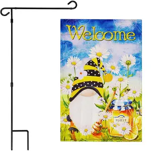 G128 Combo Pack: Garden Flag Stand Black 36 in x 16 in & Garden Flag Spring Decoration Welcome Bee Gnome with Honey 12"x18" Double-Sided Blockout Fabric