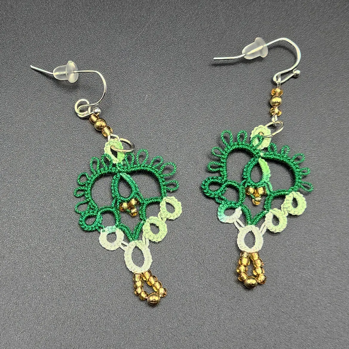 Green Beaded Earrings with Handmade Lace