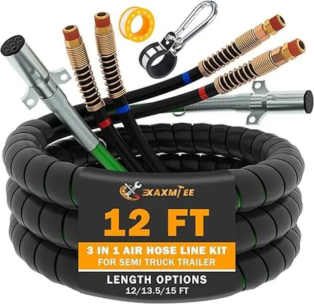 Heavy Duty 3-IN-1 Semi Truck Air Lines Kit - Trailer Cord, Air Brake Hoses Assembly Without Rubber Gladhand Handles, Aftermarket Automotive Towing Accessories for Trailers, Tractors