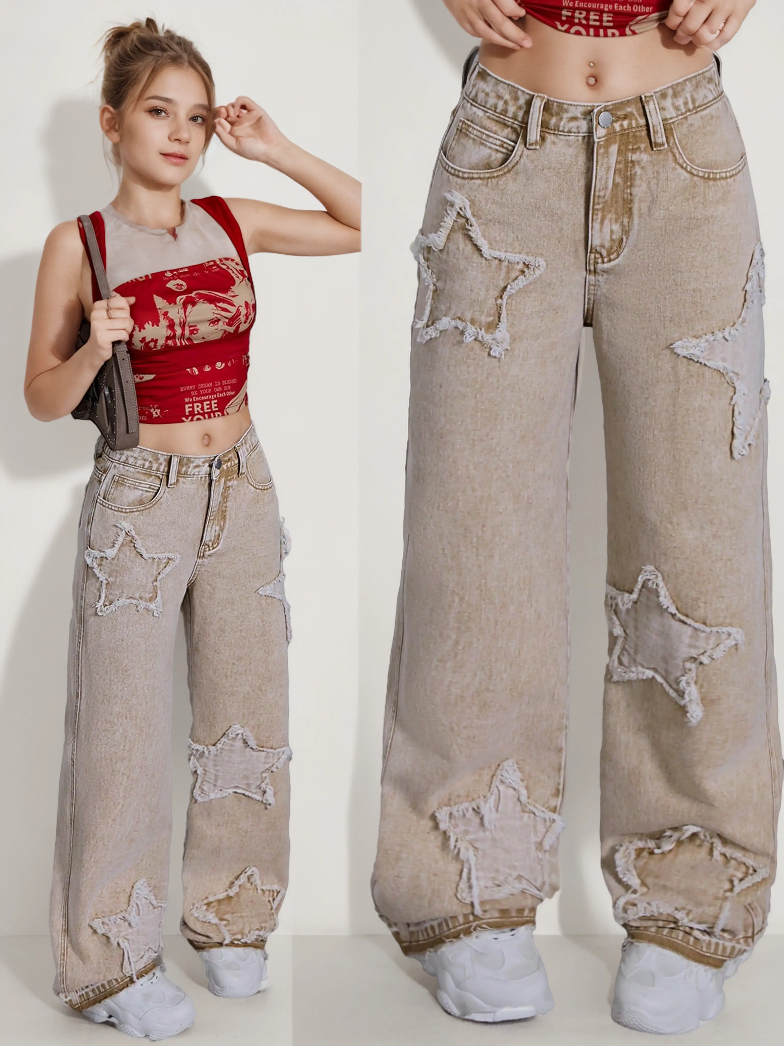 skin colored pants girls Y2K Star Patched Jeans girls Pants suitable for girls aged 10 to 14 Star-Patterned Wide-Leg Girls'