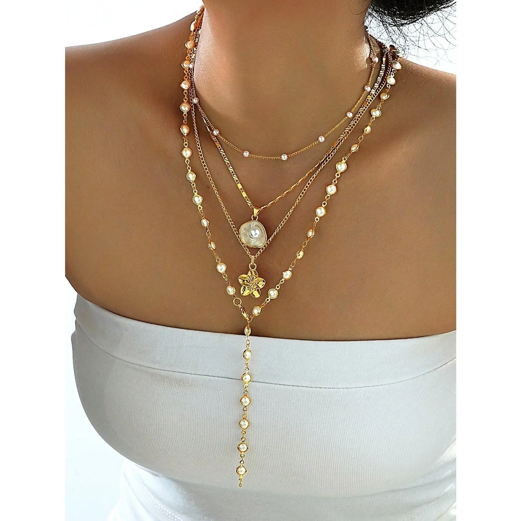 Women's 4pcs Vintage Boho Beaded Pendant Charm Set Necklaces - Metal Shell & Faux Pearl Flower Tassel, Y-Shaped Chain, Female Assorted Set for Daily Wear, Beach Vacation Costume Jewelry, Boho Necklaces, Beaded Pendant Necklaces