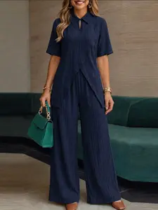 ZANZEA Women's Lapel Five-Quarter Sleeve Textured Blouse + Elastic Waist Wide Leg Pants Set, Two-Piece, European Style Office Wear, Outfit
