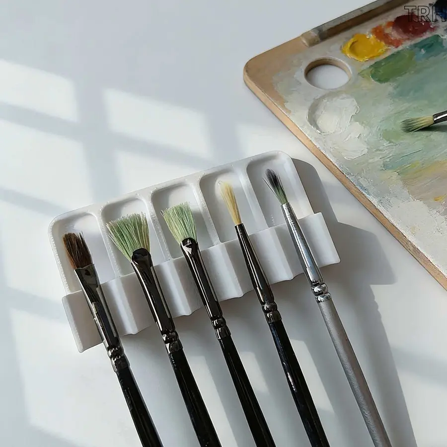 Multi Slot Paint Brush Holder Organizer with Paint Wells, 5 Slots Anti Roll Art Brush Rest, Portable Watercolor Acrylic Oil Painting Storage Tray for Artist Studio Desktop Craft Supplies