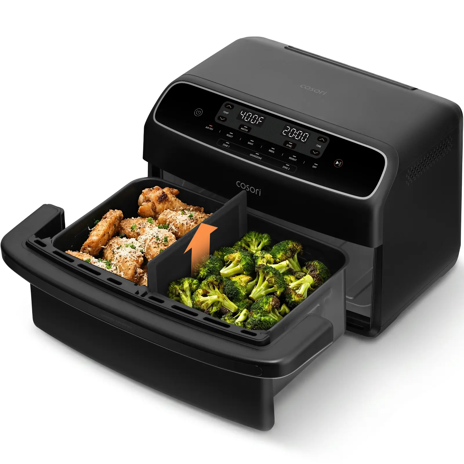 COSORI TWINFRY Double Air Fryer, 9 Qt, Dual & Large Capacity in One With Removable Divider, PFAS-Free Ceramic Coating, Easy Cleaning & Dishwasher-Safe, 6-in-1, Sync & Match Functions. Set Once. Done Together