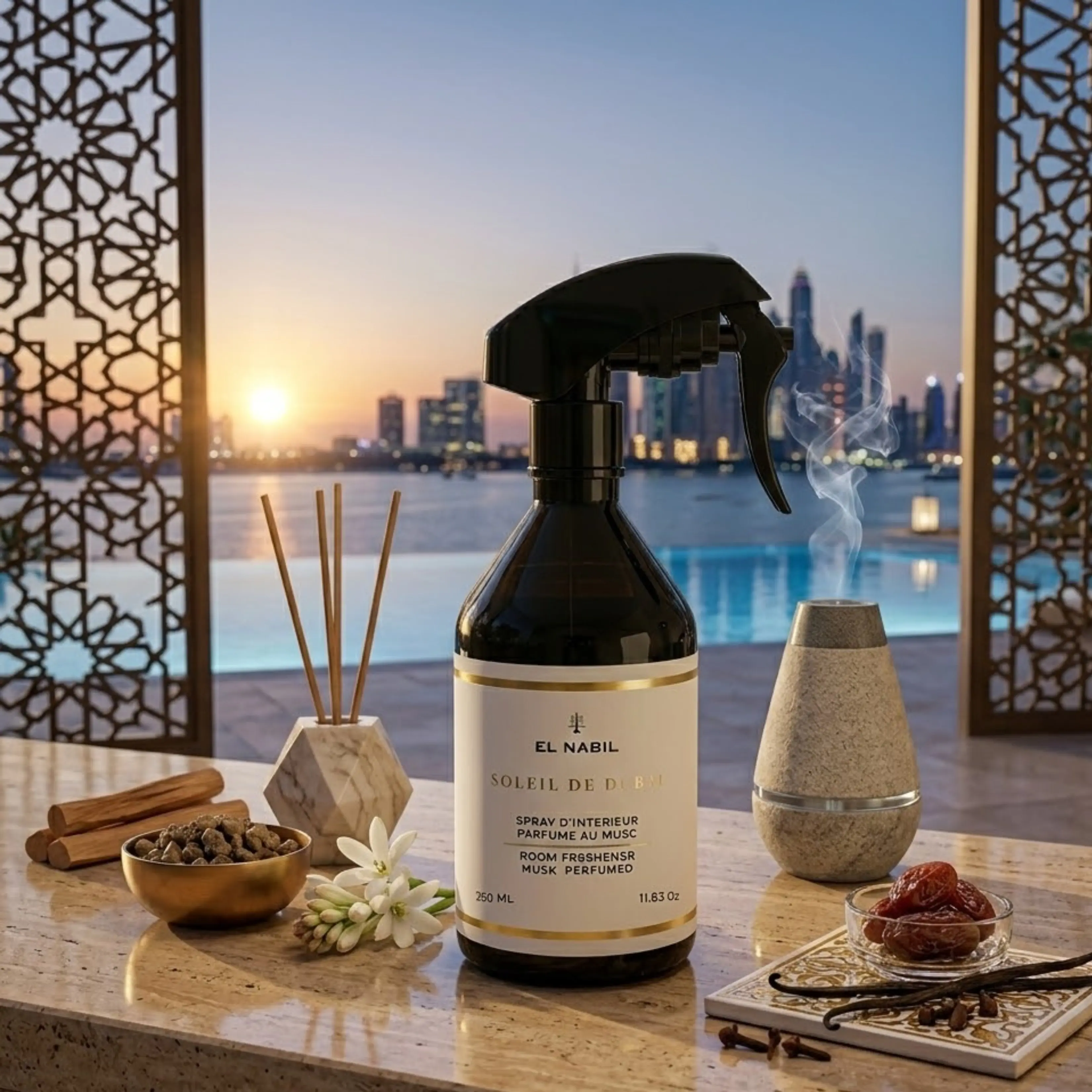 Soleil de Dubai Room Freshener 350ML by El Nabil | Luxury Oriental Air Freshener Spray | Rose, Amber & Caramel Fragrance | Long Lasting Home & Office Perfume Spray