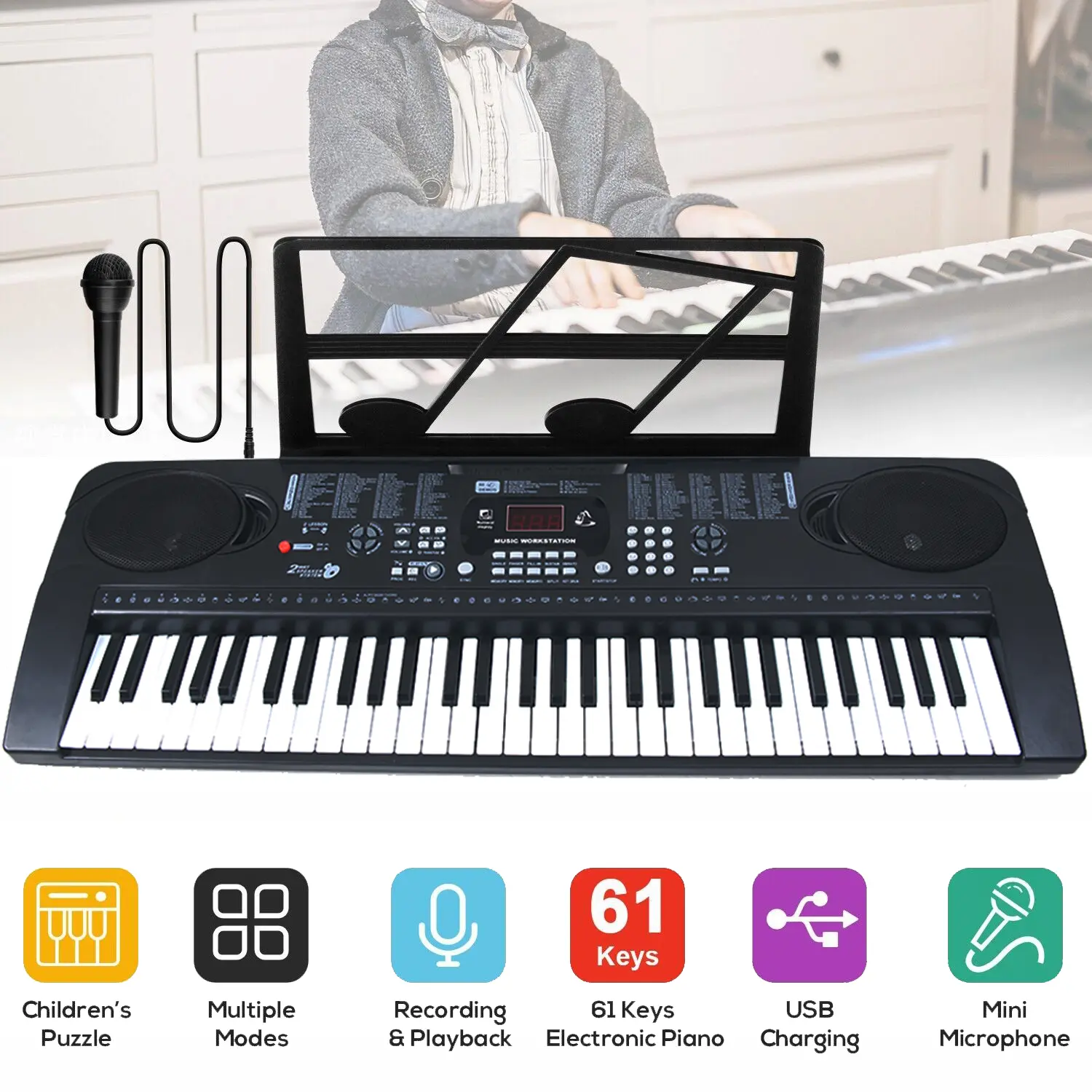 61 Keys Keyboard Teaching for Beginner,27inch Electronic Keyboard Digital Music Keyboard,60 Demo Songs,200 Tones,200 Rhythms, Early Education Music Instrument with Microphone,for Boys and Girls’ Christmas/Birthday Gift