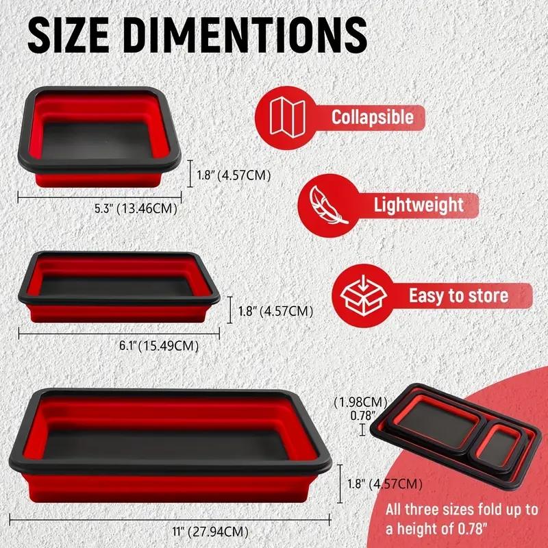 3-Piece Upgrade Collapsible Magnetic Parts Tray Set, Rectangular Silicone Organizer Tray with Strong Magnetic Base, Foldable Tool Tray for Storing and Organizing Small Parts, Nuts, Bolts and Hardware