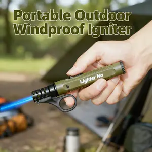 Portable Outdoor Windproof Butane Torch Lighter | With Adjustable Blue Flame & Safety Lock, Refillable, Aluminum Material, Ideal for Candles, Gas Stoves, BBQ & Cooking (Butane Not Included)